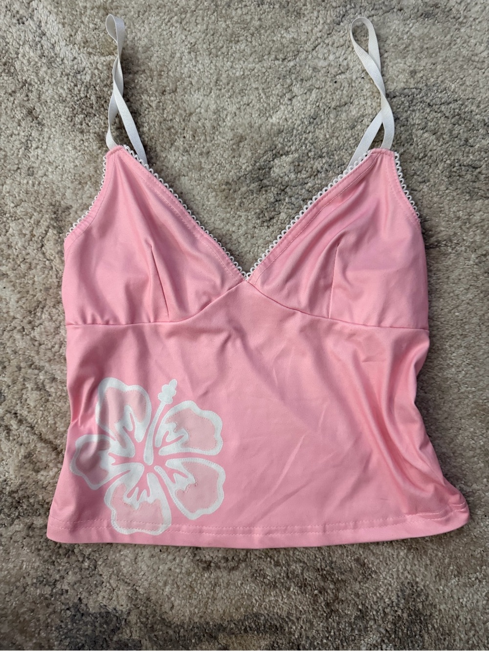 Pink Hibiscus Print Cami Top with Lace Trim